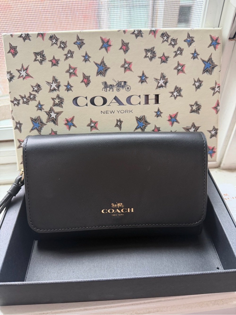 Coach Black Leather Wristlet with Gold Logo